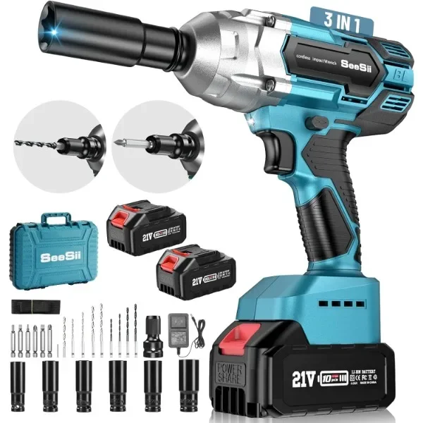 

Seesii Brushless Power Impact Wrench, Cordless, 1/2 inch Max High Torque 479 Ft-lbs(650Nm), 3300RPM w/ 2x 4.0 Battery, 6 Sockets