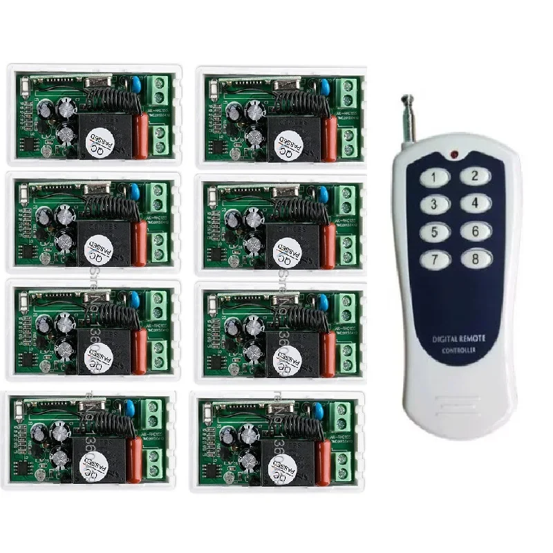 AC 220V 1 CH RF Wireless Remote Control Switch 8 Receiver + 8CH Transmitter Simple connection Doors Shutters Projection Screen
AC 220V 1 CH RF Wireless Remote Control Switch 8 Receiver + 8CH Transmitter Simple connection Doors Shutters Projection Screen