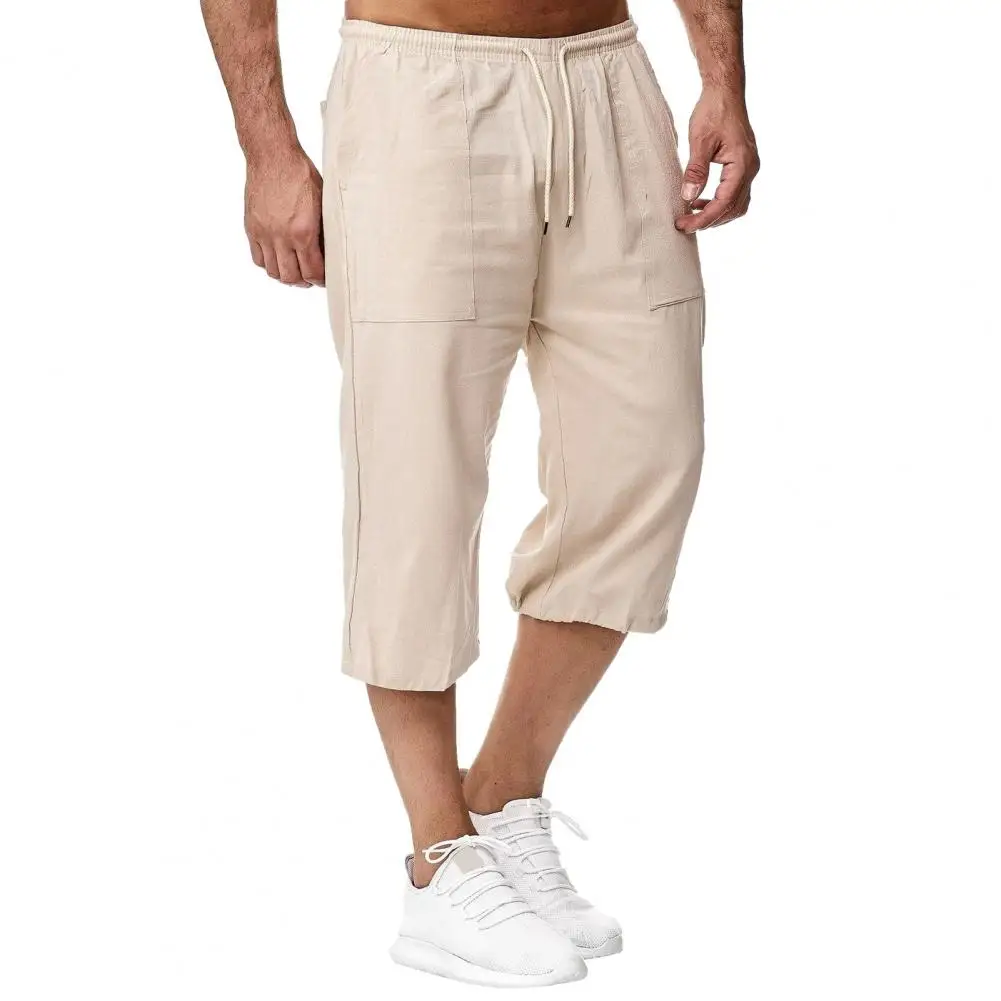 

Men Cropped Pants Men's Mid-rise Elastic Drawstring Wide Leg Pants With Pockets For Summer Streetwear Cropped Trousers Solid