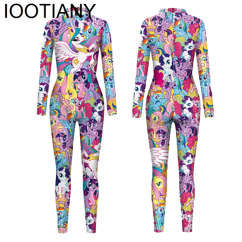 

2024 Women Long Sleeve Rainbow Cartoon Black Unicorn Print Sexy Bodysuits New Jumpsuit Skinny Party Slim Jumpsuits