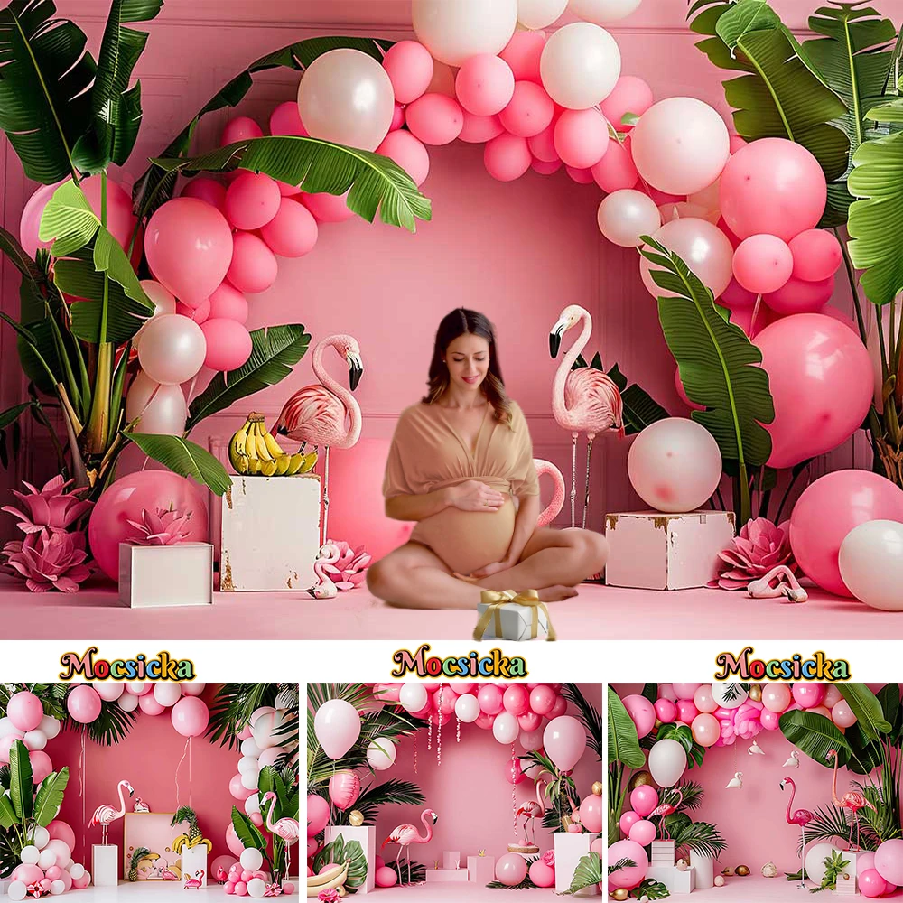 

Flamingo Birthday Theme Party Background for Girl Pink Balloon Wall Tropical Palm Leaves Backdrop Baby Show Cake Smash Photocall