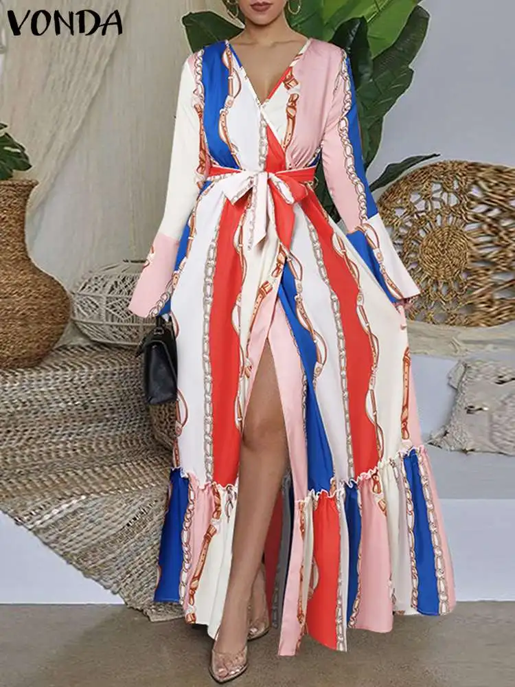 

Summer Maxi Dress VONDA 2024 Women Bohemian Printed Long Sleeve Ruffled Party Vestidos V-Neck Casual Split Holiday Robe Belted