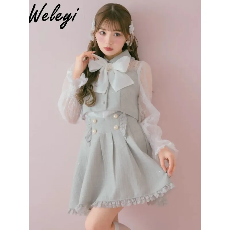 

Japanese Women's Lolita Shirts 2024 Spring New Streetwear Chunky Fake Two Piece Lace Stitching Small Flying Sleeved Jacket Shirt