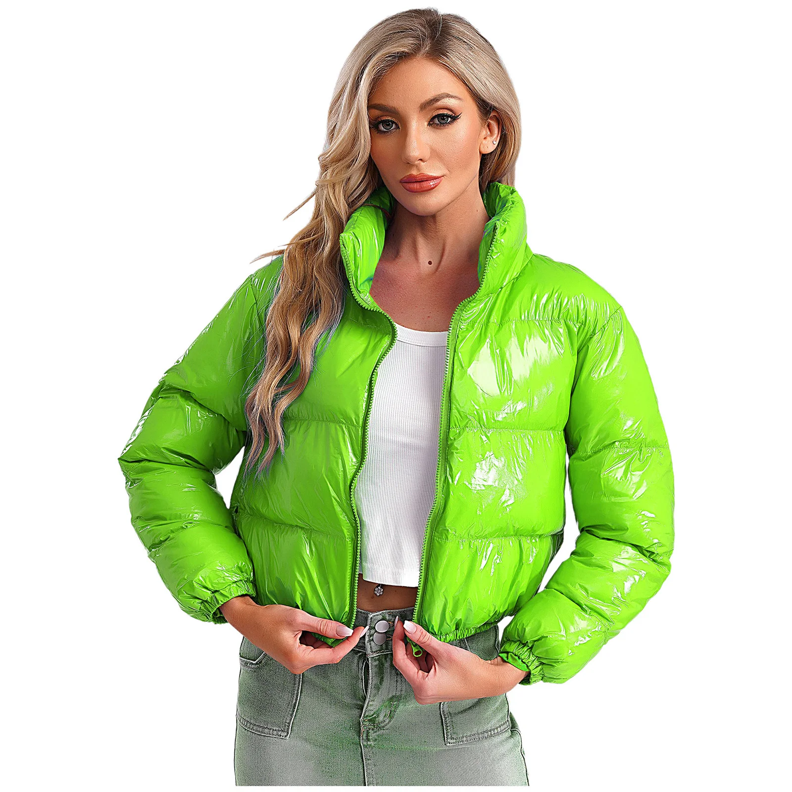 Women's Metallic Glossy Puffy Padded Jacket Quilted Outerwear Coat with Zipper Winter Stand Collar Outdoor Streetwear Women's Metallic Glossy Puffy Padded Jacket Quilted Outerwear Coat with Zipper Winter Stand Collar Outdoor Streetwear