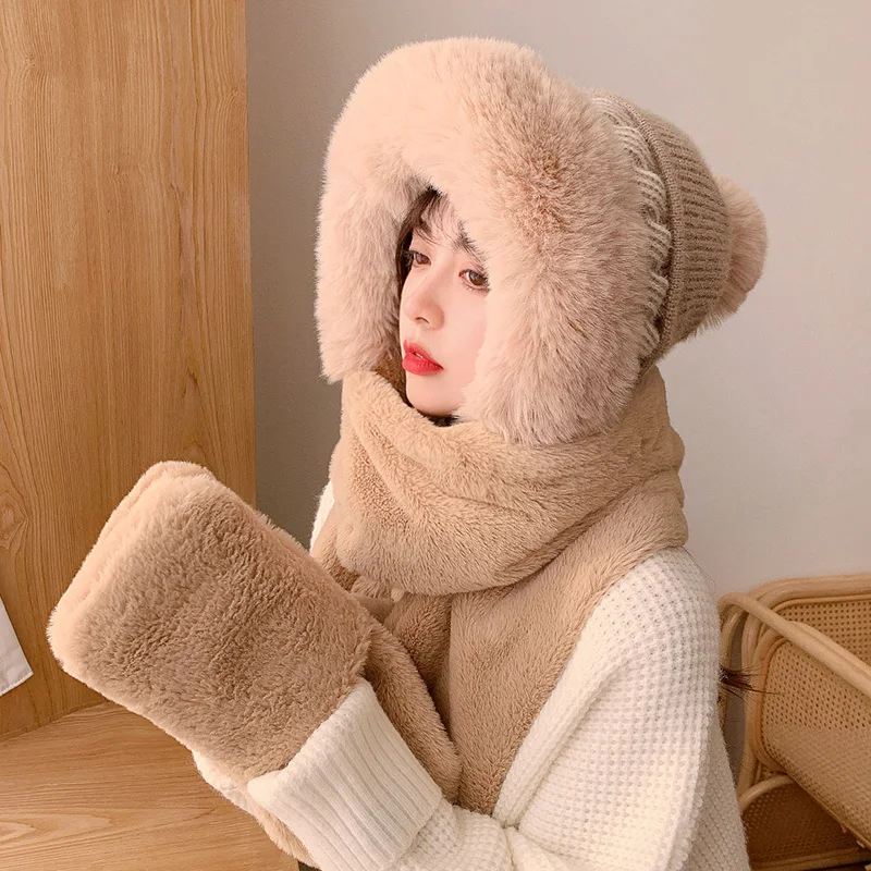 

Women's Hat Scarf in One Female Winter Plush One-piece Warm Plus Fleece Thickened Cold Bib Gloves Ear Protection Ski Fashion Hat