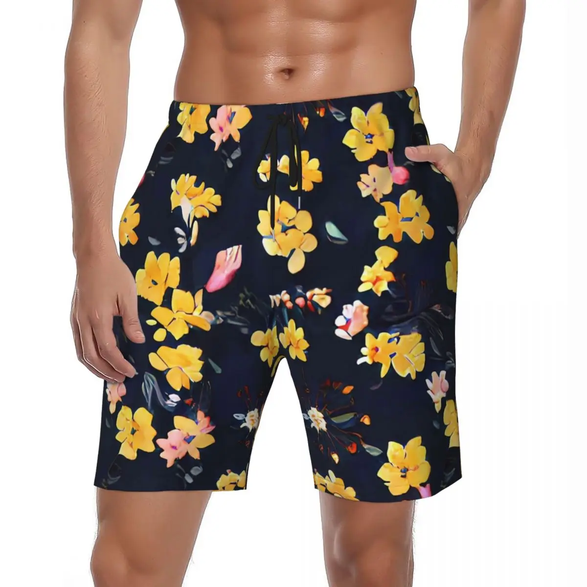 

Шорты мужские спортивные с цветочным принтом, повседневные короткие штаны для спортзала, быстросохнущие, с винтажным цветочным принтом, плавки, желтые, на лето