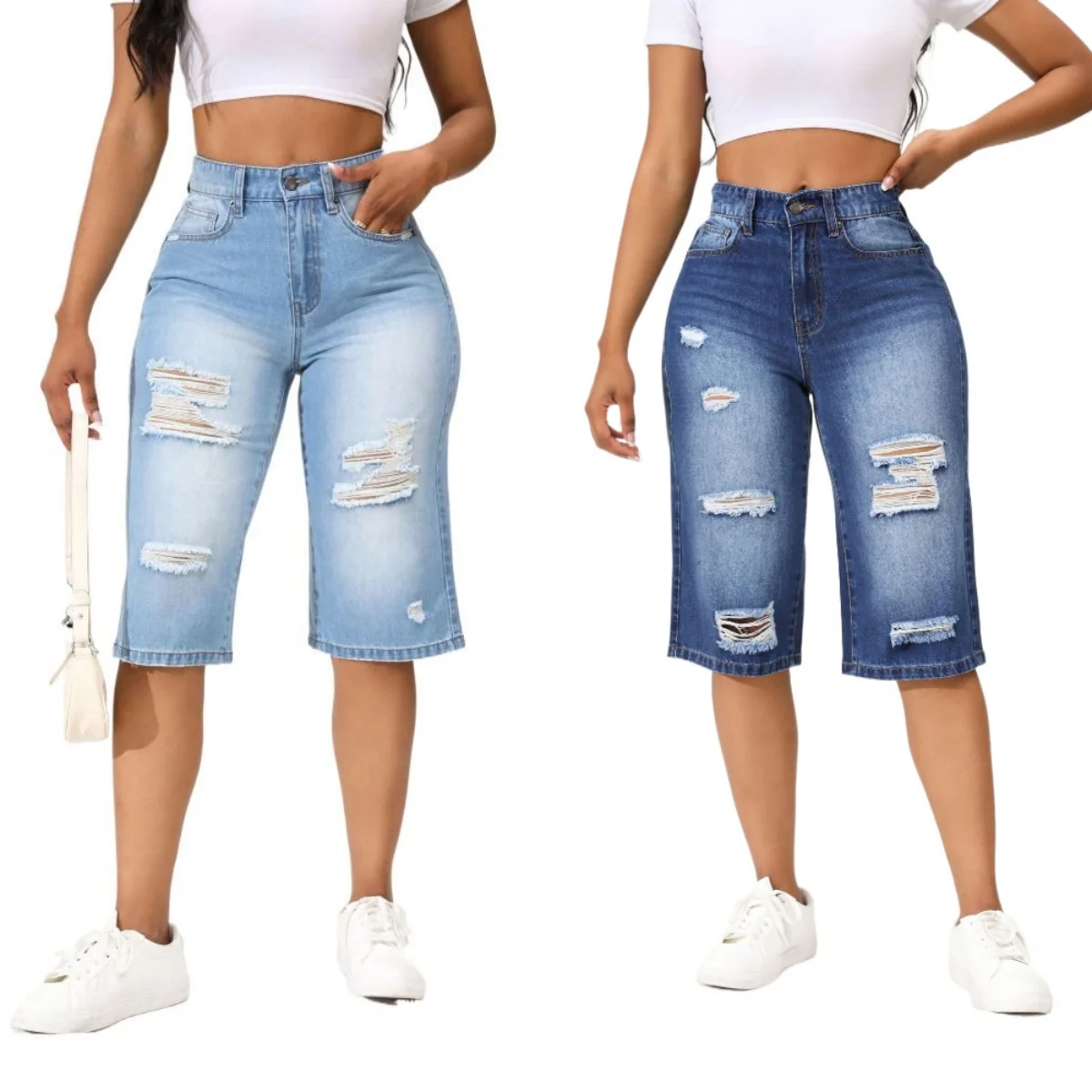

2024 Summer New High Stretch Calf-Length Jeans For Women Fashion Ripped Slim Fit Butt Lift Denim Straight Legs Casual Clothing