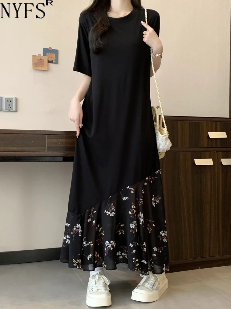 

NYFS 2024 Summer New Korea Woman Dress Vestidos Robe Elbise Loose Plus Size Cotton Patchwork Floral Hem Short Sleeve Long Dress