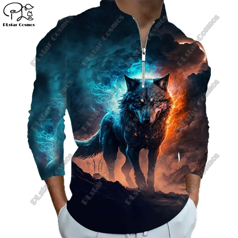 

New Long Sleeve Zip Polo Shirt 3D Print Moonlight Wolf Dark POLO Long Sleeve T Shirt Unisex Gift