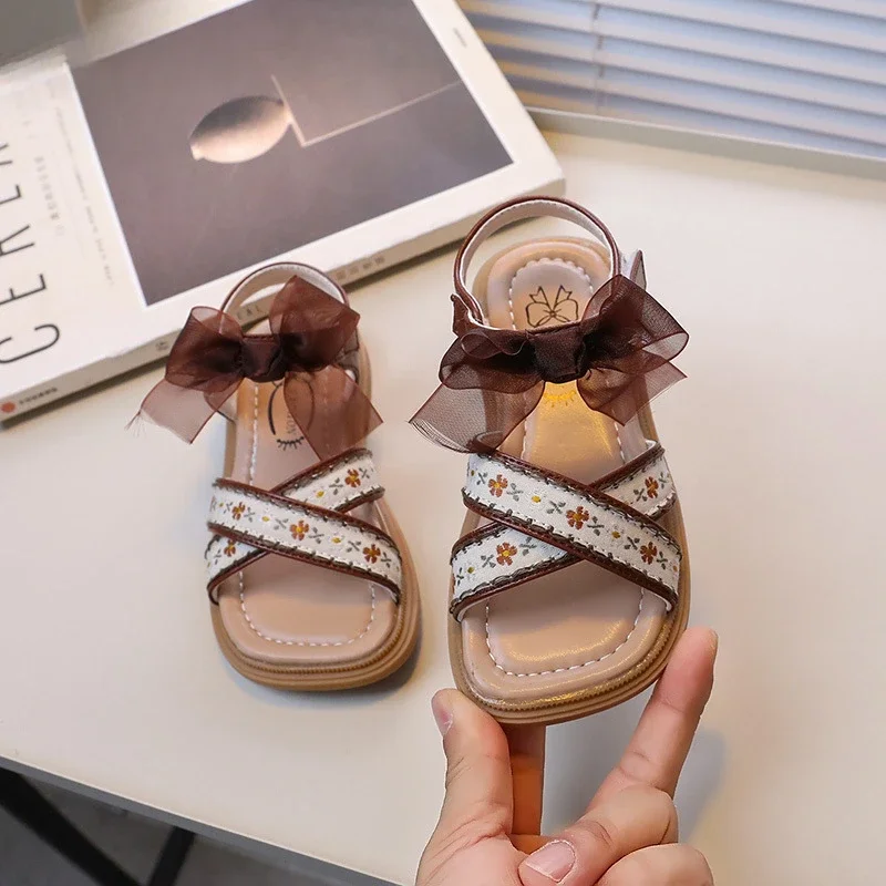 

Sweet Kids Sandal Summer Embroidery Cross Sandals for Pretty Girls Fashion Open-toe Bowtie Children Princess Dress Flat Sandals