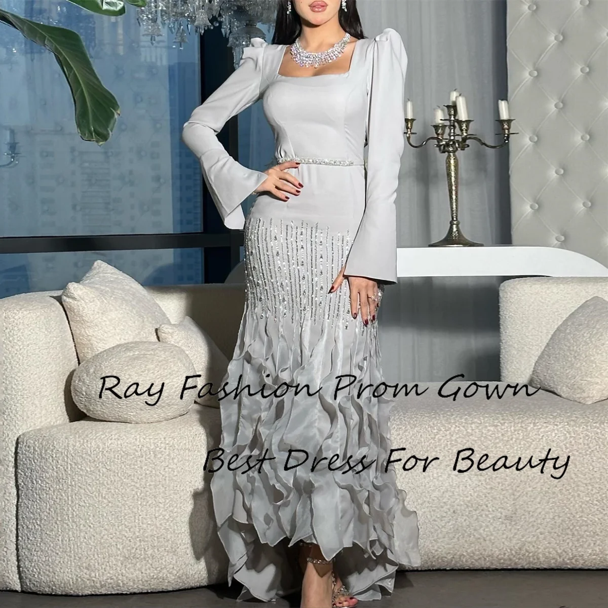 

Ray Fashion Sheath High Quality Evening Dress Square Neck Cocktail Sequin With Long Puff Sleeves Fold Draped Satin Prom Gowns