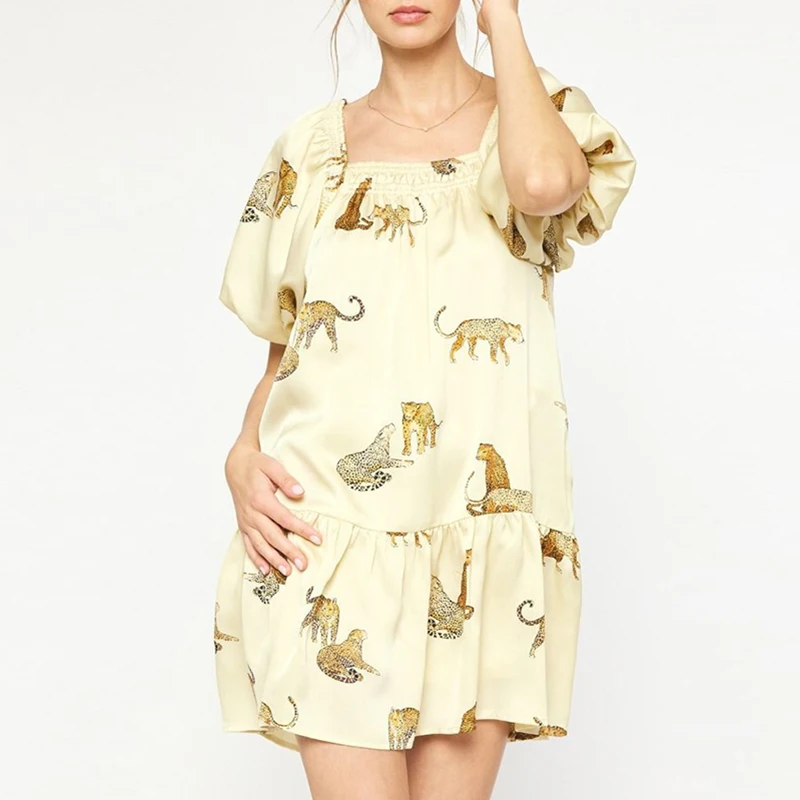 

2024 Fashion Beach Short Dresses Elegant Square Neck Pattern Printed A-line Dress Spring Summer Puff Sleeve Ruffled Women Dress