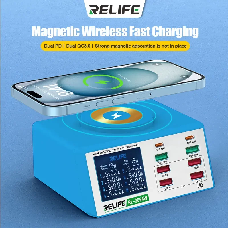 RELIFE RL-309AW 8+1 PD Fast Charger Dual PD,Dual QC3.0,Strong Magnetic Adsorption is not in Place
RELIFE RL-309AW 8+1 PD Fast Charger Dual PD,Dual QC3.0,Strong Magnetic Adsorption is not in Place