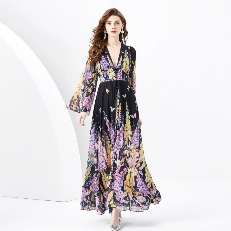 2024 Spring/Summer Vintage Weet V-Neck Flare Sleeve Dress Women's Painted Print Waist Wrap Slim Fit A-Line Chffon Long Dress
2024 Spring/Summer Vintage Weet V-Neck Flare Sleeve Dress Women's Painted Print Waist Wrap Slim Fit A-Line Chffon Long Dress