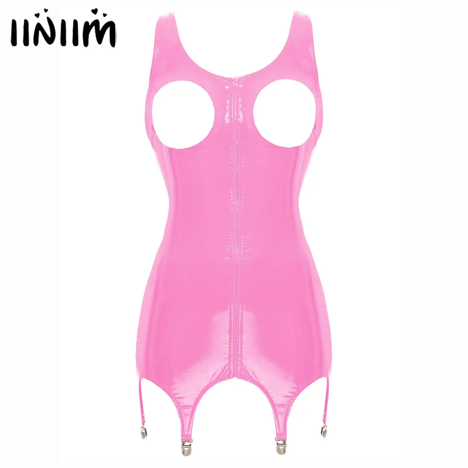 Womens Lingerie Open Chest Mini Dresses Patent Leather Vestido Wet Look Clubwear Zipper Hollow