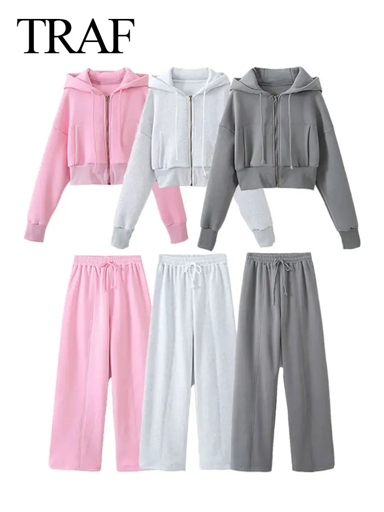 

TRAF 2024 Spring Women's Causal Solid 3 Piece Sport Pants Set Long Sleeve Hooded Loose Hoodie Jacket+Drawstring Pants+Tube Tops