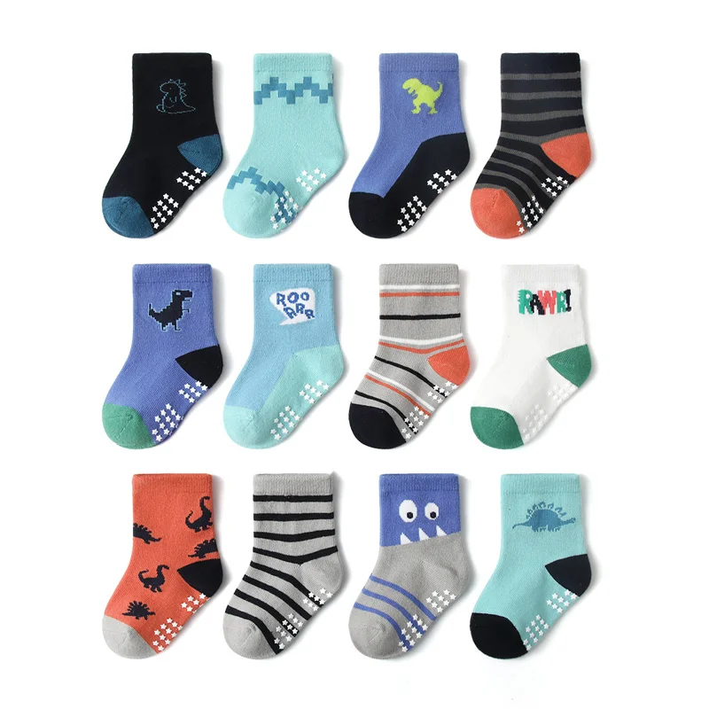

12 Pairs/Lot Fashion Children Socks Grip Crew Socks with Non Slip/Anti Skid Soles for Baby Infants Toddlers Kids Boys Girls 0-7y