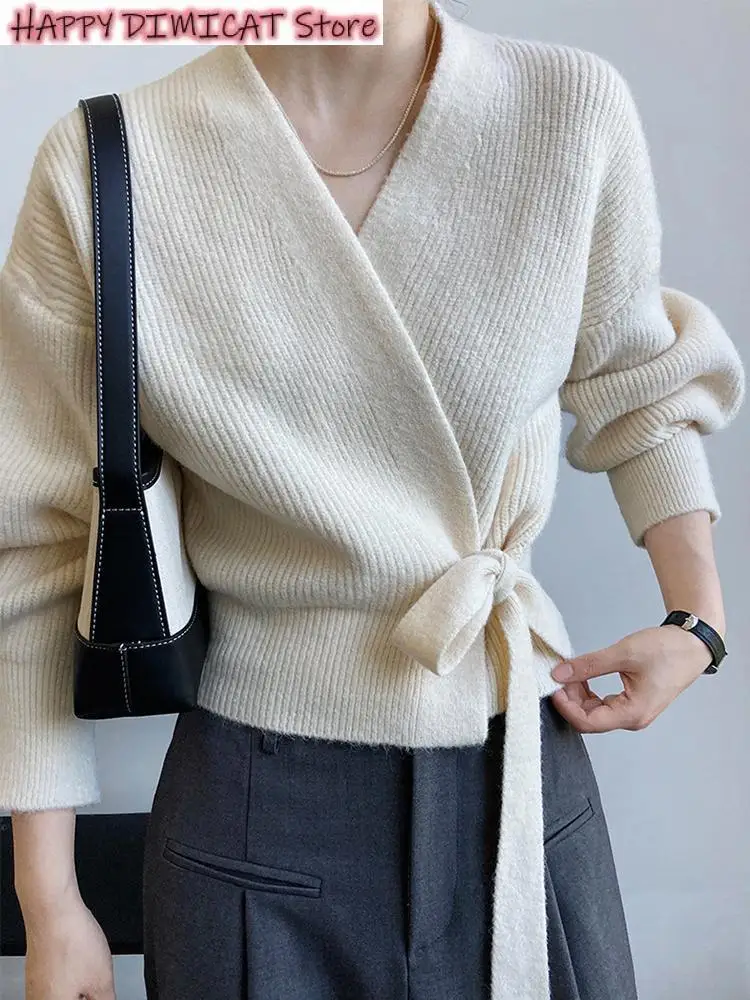 

Irregular Cardigans Slim Waist Knitwear Tops Knitted Cardigan Women Winter Short Knit Sweater Female Korean Chic V-Neck Lace-up