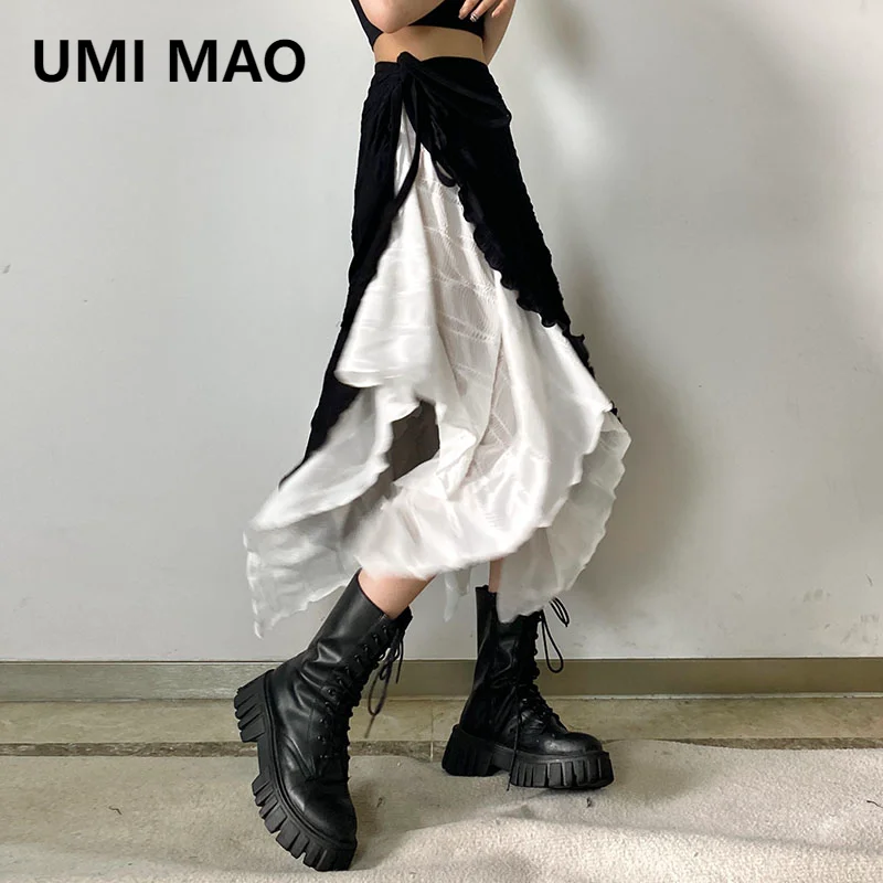 

UMI MAO Self-made New Black White Contrasting High Waisted Asymmetrical Mesh Long Skirts With Lace Up Design A Skirt