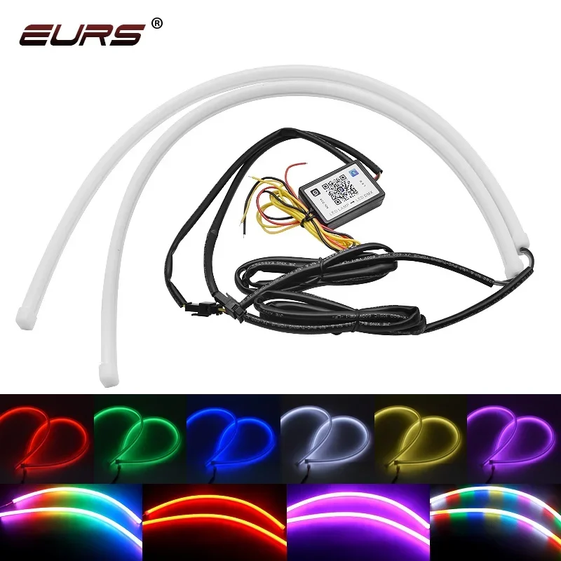 

2PCS RGB Car LED Daytime Running Lights APP/Remote Control Flexible Auto Headlight Strips DRL Flowing Turn Signal Lamps 60cm 12V