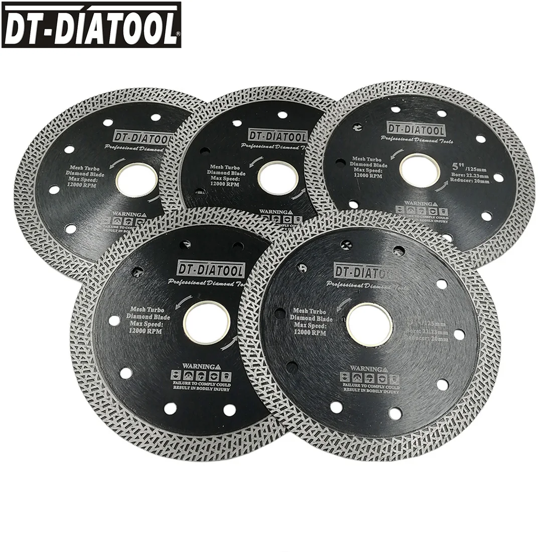 DT-DIATOOL 5pcs Diameter 5" Dry or Wet Hot pressed sintered Diamond Cutting Disc Mesh Turbo Saw blade for Hard material 125mm
DT-DIATOOL 5pcs Diameter 5" Dry or Wet Hot pressed sintered Diamond Cutting Disc Mesh Turbo Saw blade for Hard material 125mm