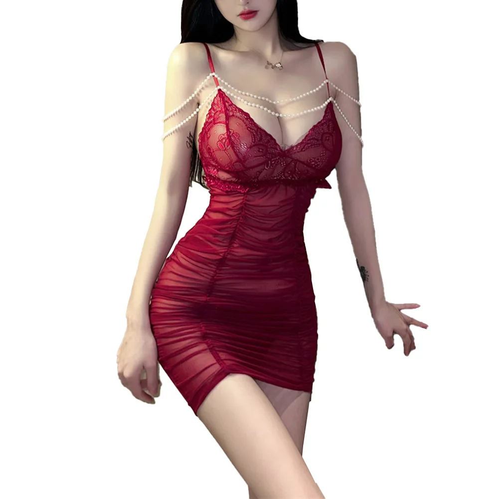 Sexy Women's Transparent Lingerie Nightdress Hip Mesh Lace Pearl Chain Bodycon Sling Deep V Neck Exotic Underwear Mini Dress
Sexy Women's Transparent Lingerie Nightdress Hip Mesh Lace Pearl Chain Bodycon Sling Deep V Neck Exotic Underwear Mini Dress