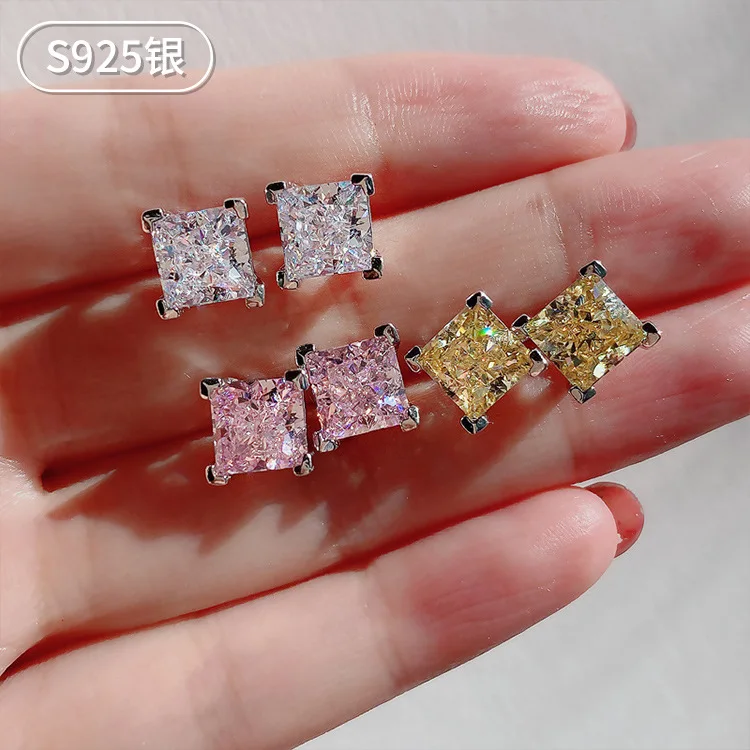 

Brilliant Yellow Pink White Square High Carbon Diamond Stud Earrings For Women 925 Sterling Silver Piercing Engagement Wedding