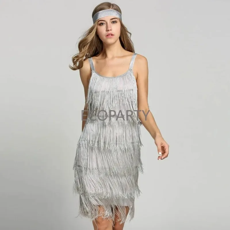 

1920s Great Gatsby Dress Slash Neck Strappy Tiered Fringe Dress Vintage Flapper Party Fancy Dress Costumes With Headband robe