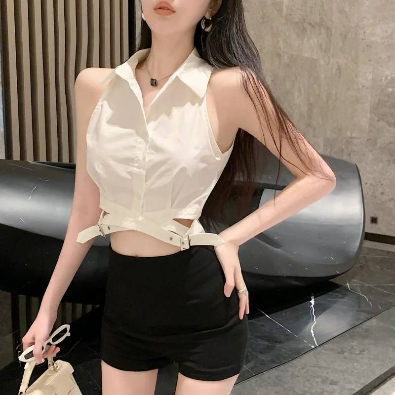 Sweet Spicy Girl Hanging Neck Shirt Vest Women Korean Polo Neck Fashion Waist Solid Versatile Slim Summer Female Casual Top Coat
Sweet Spicy Girl Hanging Neck Shirt Vest Women Korean Polo Neck Fashion Waist Solid Versatile Slim Summer Female Casual Top Coat