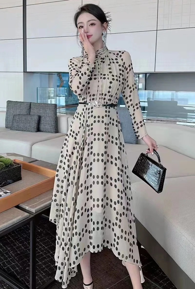 

New 2023 Spring Long Dress High Quality Women Vintage Dot Prints Appliques Flower Deco long Sleeve Sexy Asymmetrical Dress Black