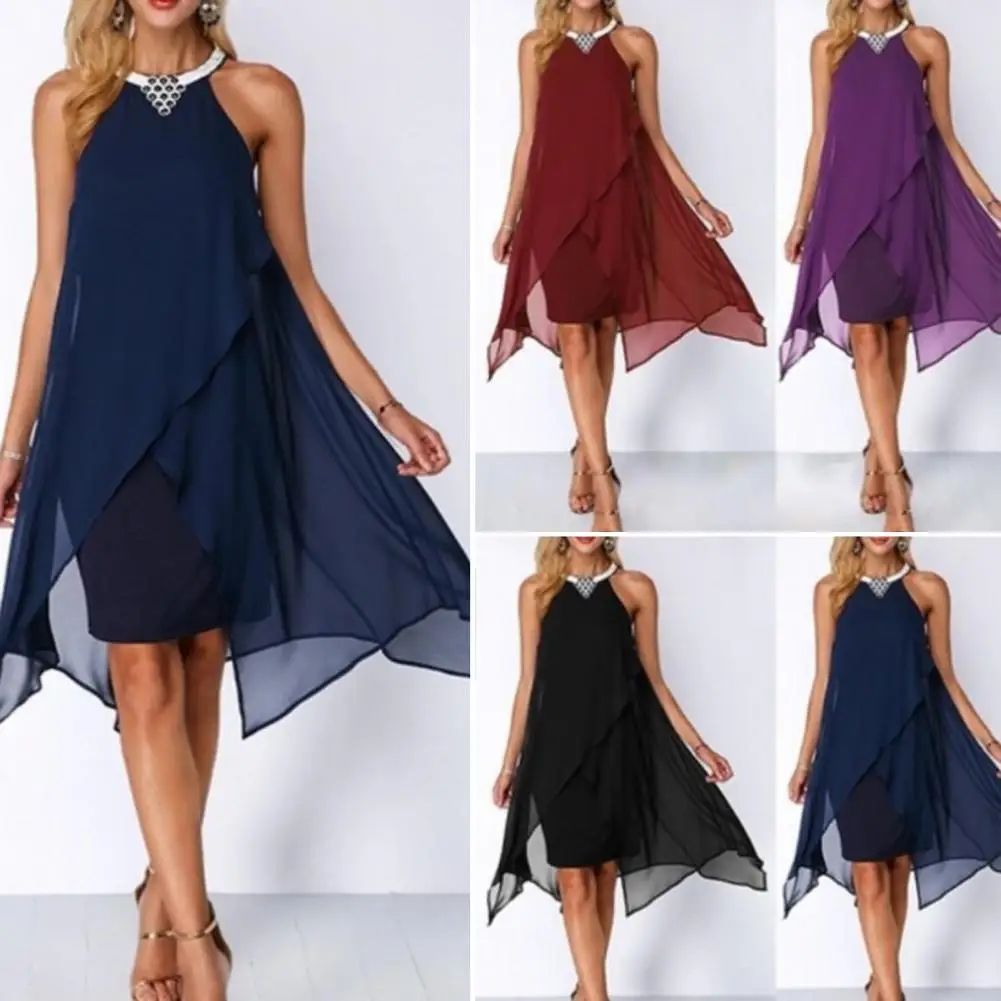 Women Summer Round Neck Fashion Chiffon Sleeveless Double Layer Dress Irregular Double Layer Beach Party sexy Loose Dresses 
Women Summer Round Neck Fashion Chiffon Sleeveless Double Layer Dress Irregular Double Layer Beach Party sexy Loose Dresses