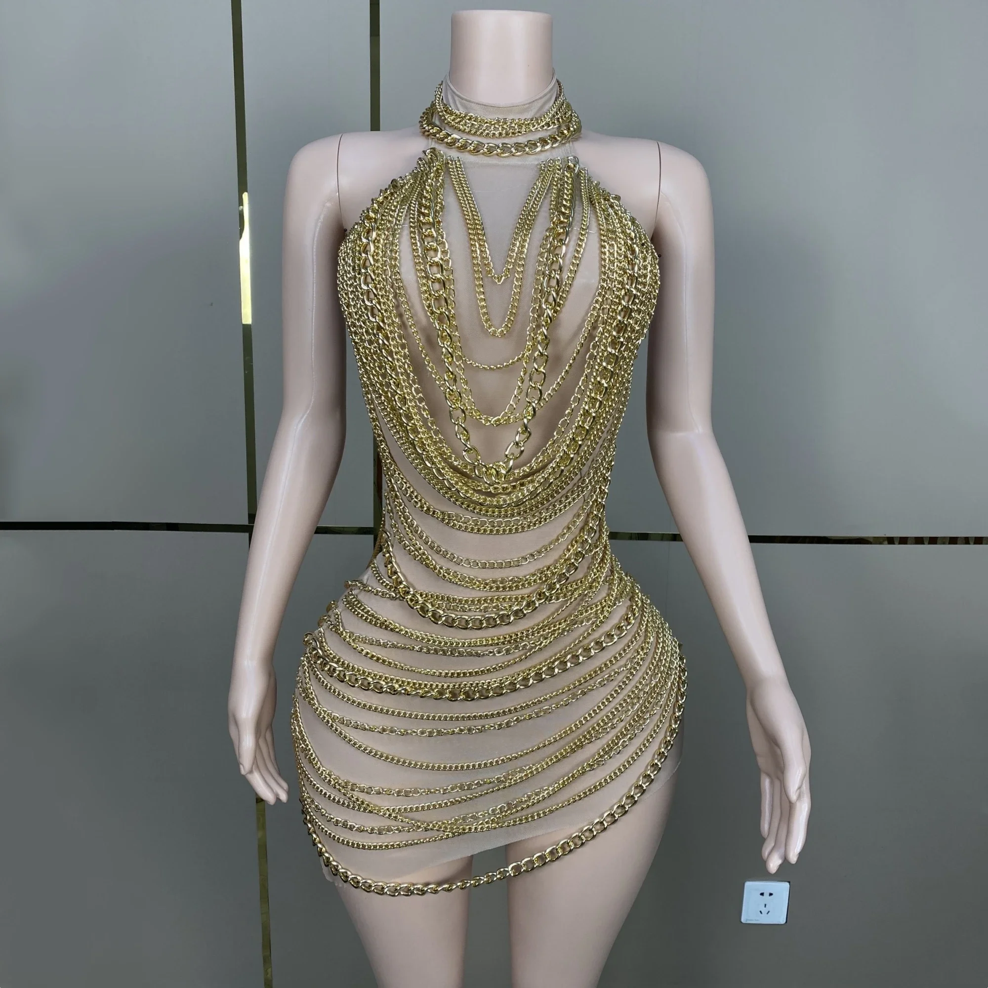 

Женское мини-платье с открытой спиной, золотистое Платье-футляр с цепочкой и кисточками, вечерний костюм для выступления в ночном клубе, для бара, певицы, сценическая одежда