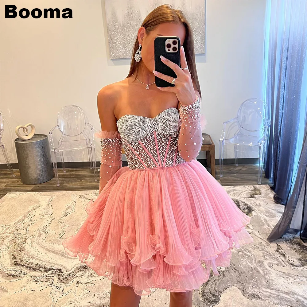 

Booma Pink Luxury Mini Prom Dresses Sweetheart Beading Tiered Organza Cocktail Dresses Graduation Party Gowns for Women 2023
