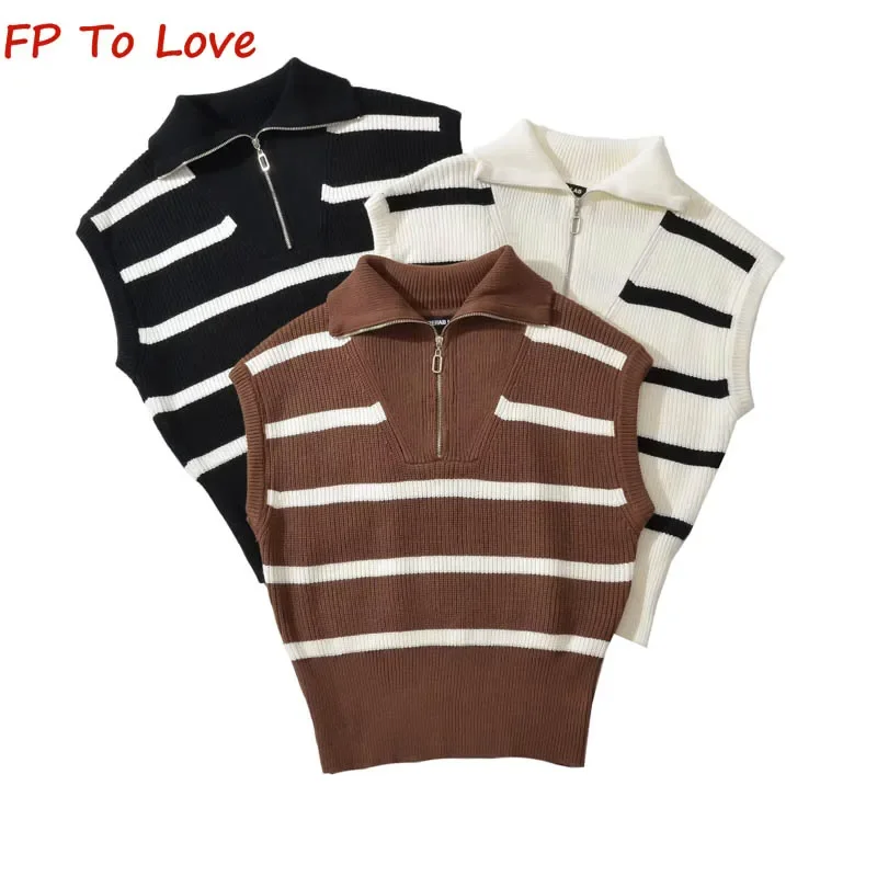 Вязаный свитер в полоску с высоким воротником и молнией, Повседневный пуловер без рукавов, Свободный Топ с воротником-поло 
Вязаный свитер в полоску с высоким воротником и молнией, Повседневный пуловер без рукавов, Свободный Топ с воротником-поло