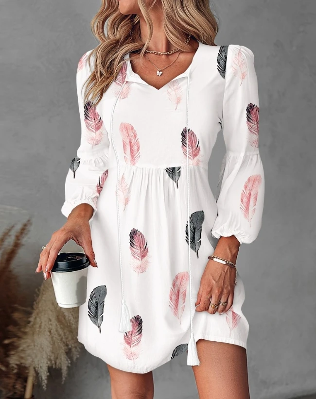 

Women's Dress 2024 Summer New Boho Floral Print Lantern Sleeve Tunic Dress Daily Feather Print Lace Up Details Dress Beach