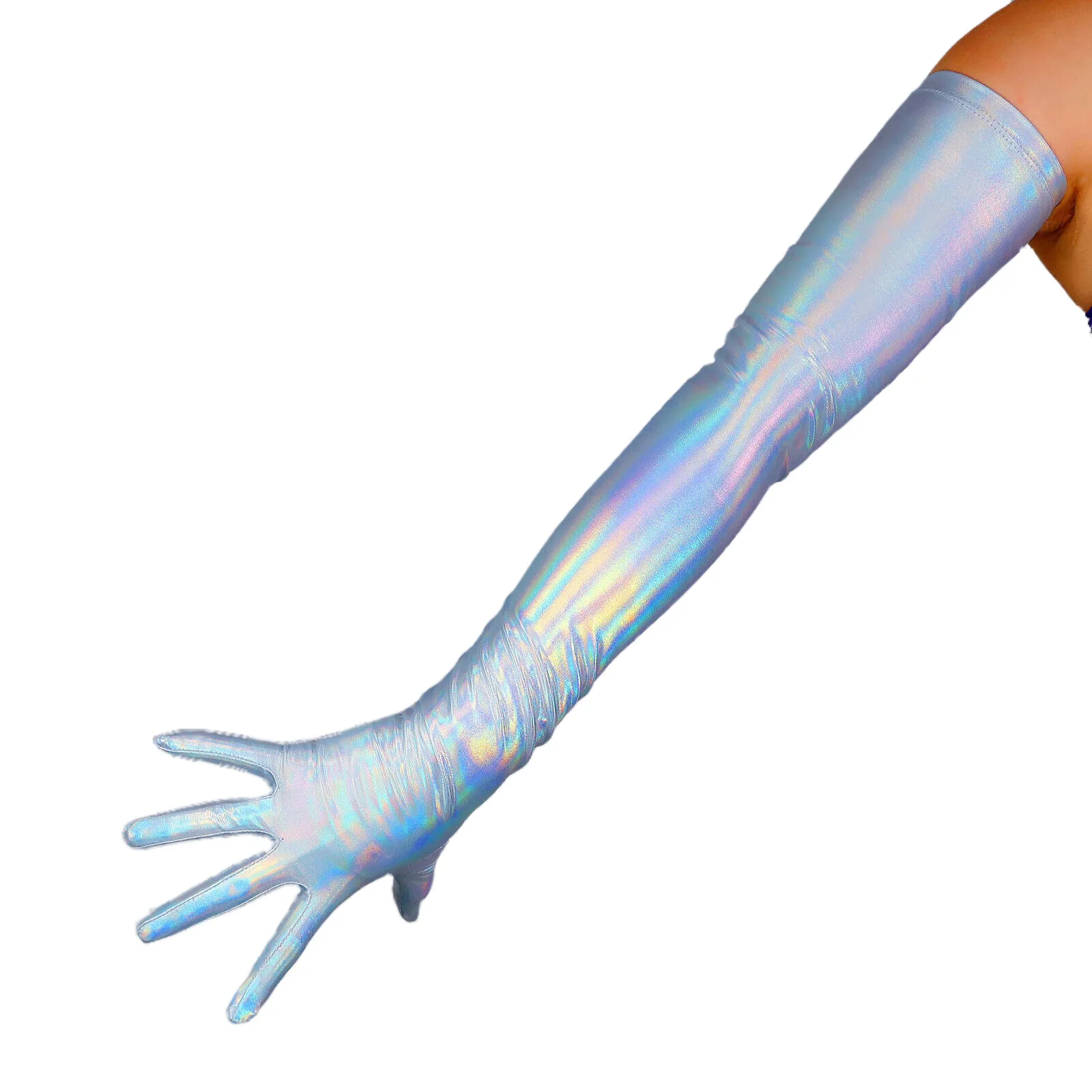

DooWay Women's Fashion Metallic Rainbow Gloves Holographic Shine Stretch Super Long Evening Halloween Costume Party Opera Glove
