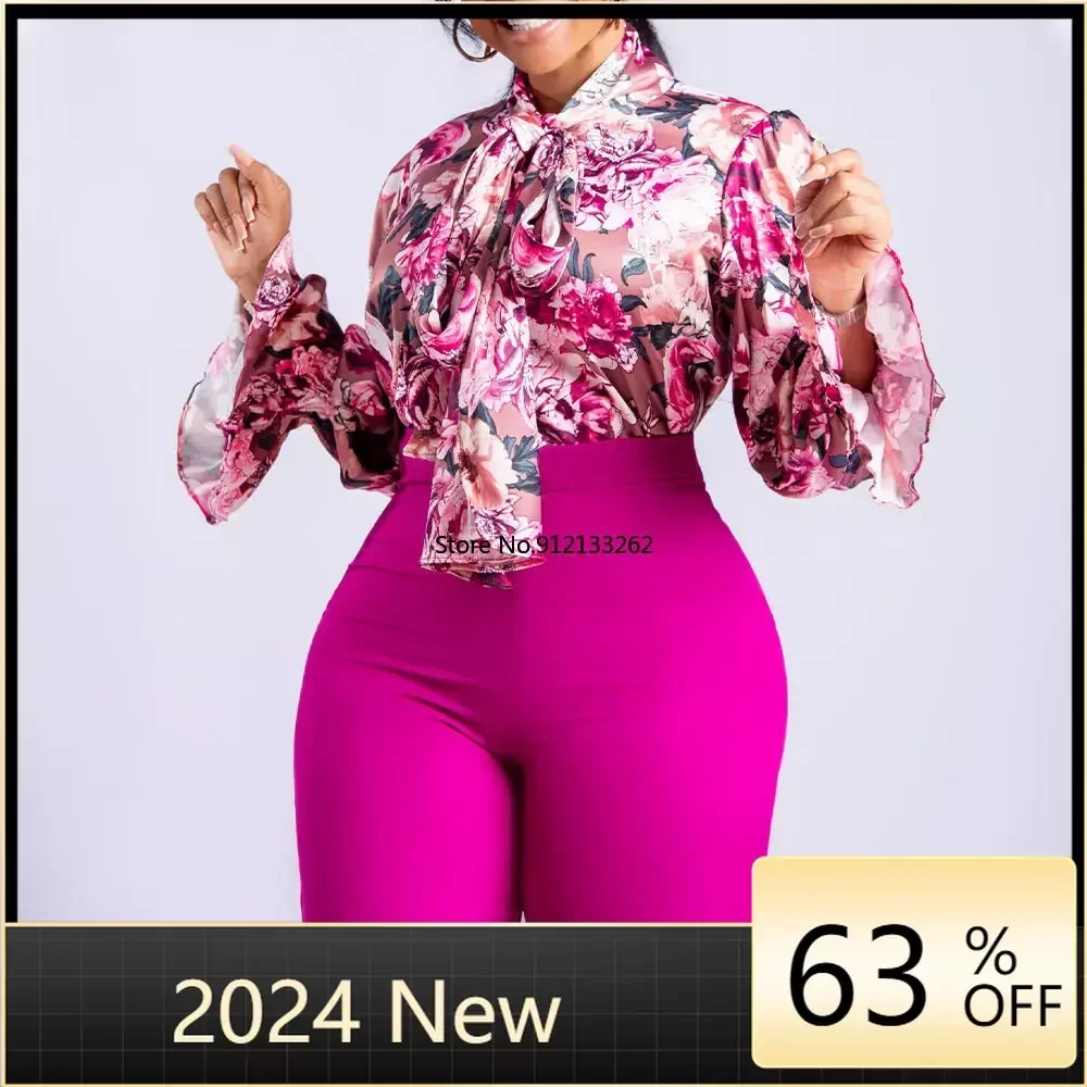

Женский костюм из 2 предметов, рубашка с цветочным принтом и брюки, пикантная Повседневная элегантная одежда для поездок, широкие брюки со шнуровкой, новинка 2023