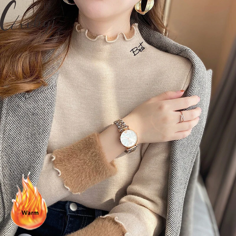Women Letter Embroidery Plush Velvet Sweater Korean Half Turtleneck Knitted Sueter Fleece Lined Long Sleeve Knitwear Pullover
Women Letter Embroidery Plush Velvet Sweater Korean Half Turtleneck Knitted Sueter Fleece Lined Long Sleeve Knitwear Pullover