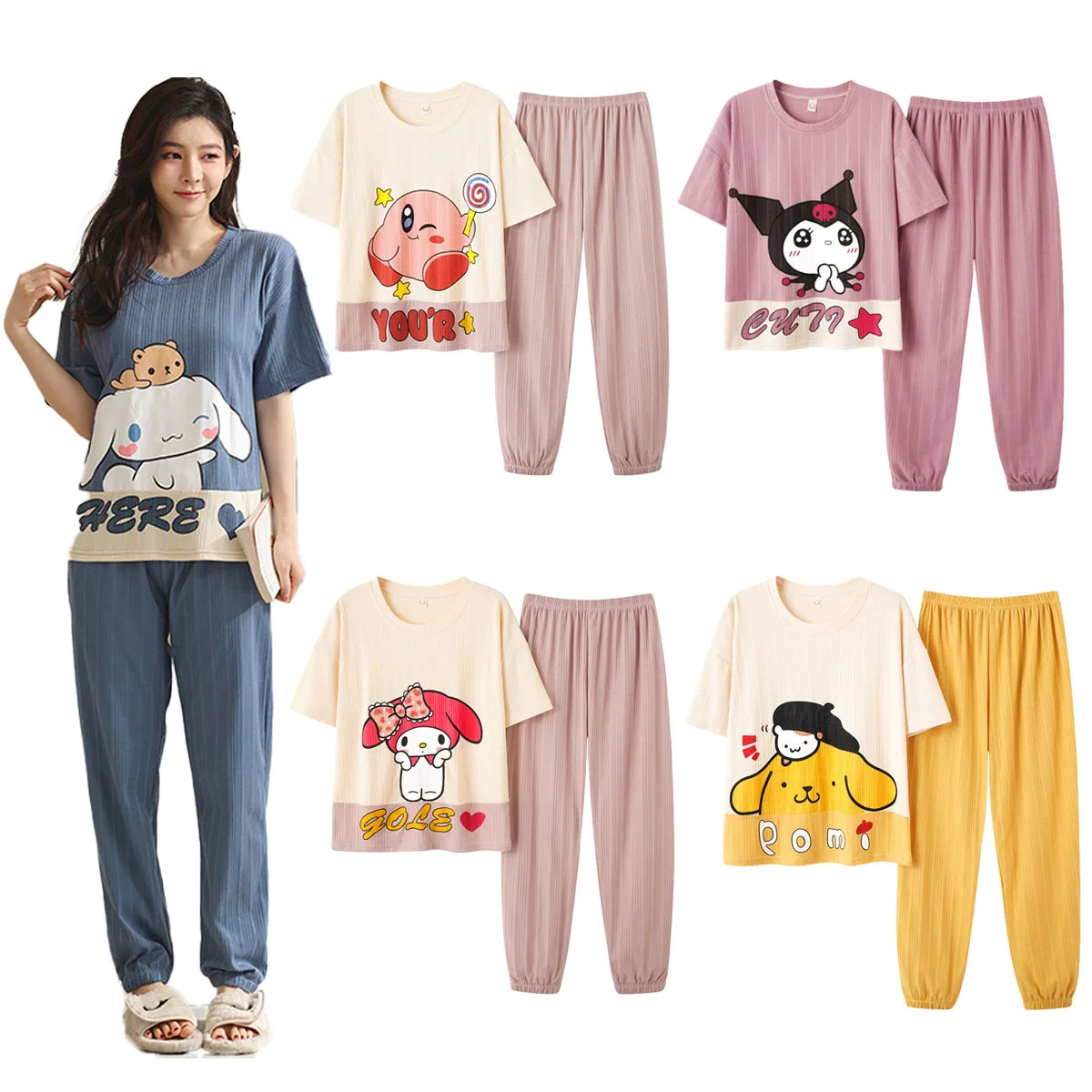 

Cotton Pajamas Short Sleeve Pants Two Piece Sanrios Series My Melody Cinnamoroll Kuromi Kirby Kawaii Cartoon Pajamas Loungewear