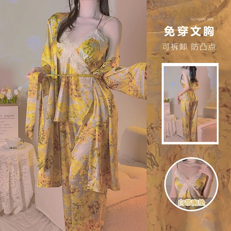 

Комплект женский атласный с принтом, пижамный комплект из 3 предметов, пикантный халат-кимоно на бретелях, топ и шорты, ночная рубашка, домашняя одежда, лето