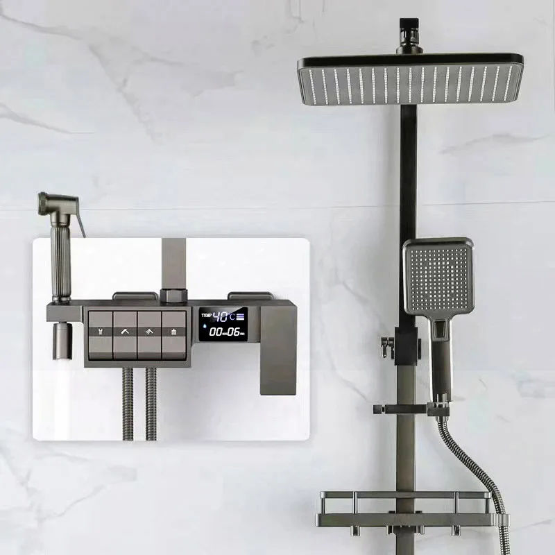 

LED Thermostatic Bath Shower Mixer Set Grey Digital Bathroom Shower System Quality Brass Bathtub Mixer Faucets Rain Shower Head