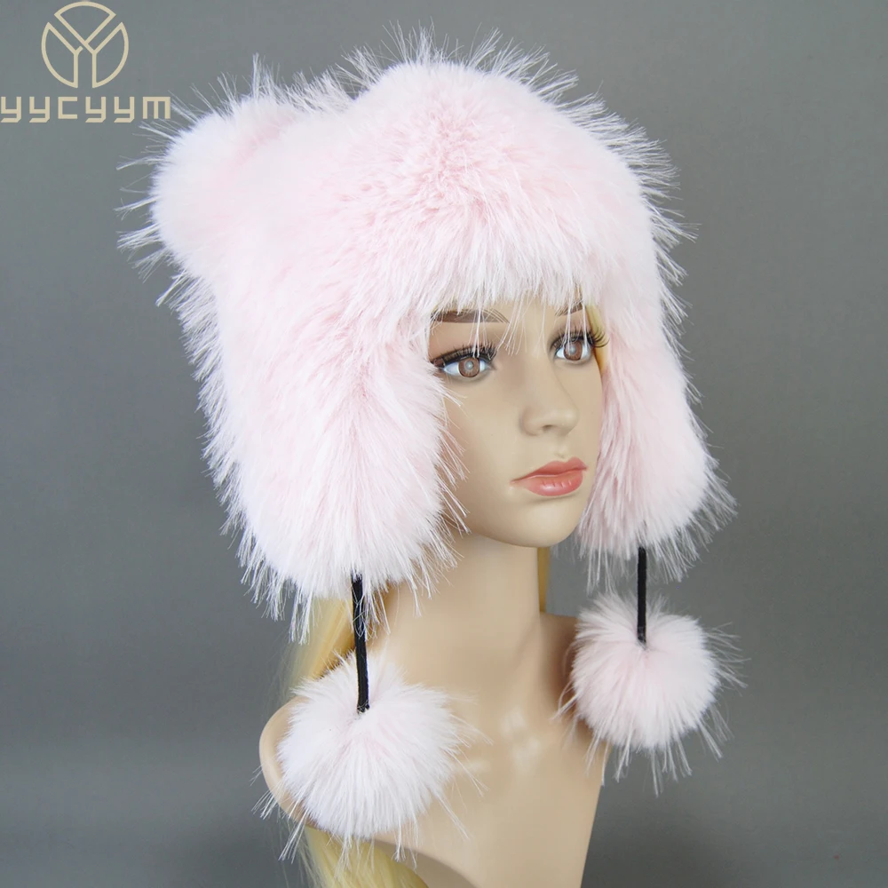 

False Raccoon Fur Pompom Bomber Hats Russian Female Beanies False Raccoon Fur Hat Knitted Skullies Beanies Women's Winter Hats