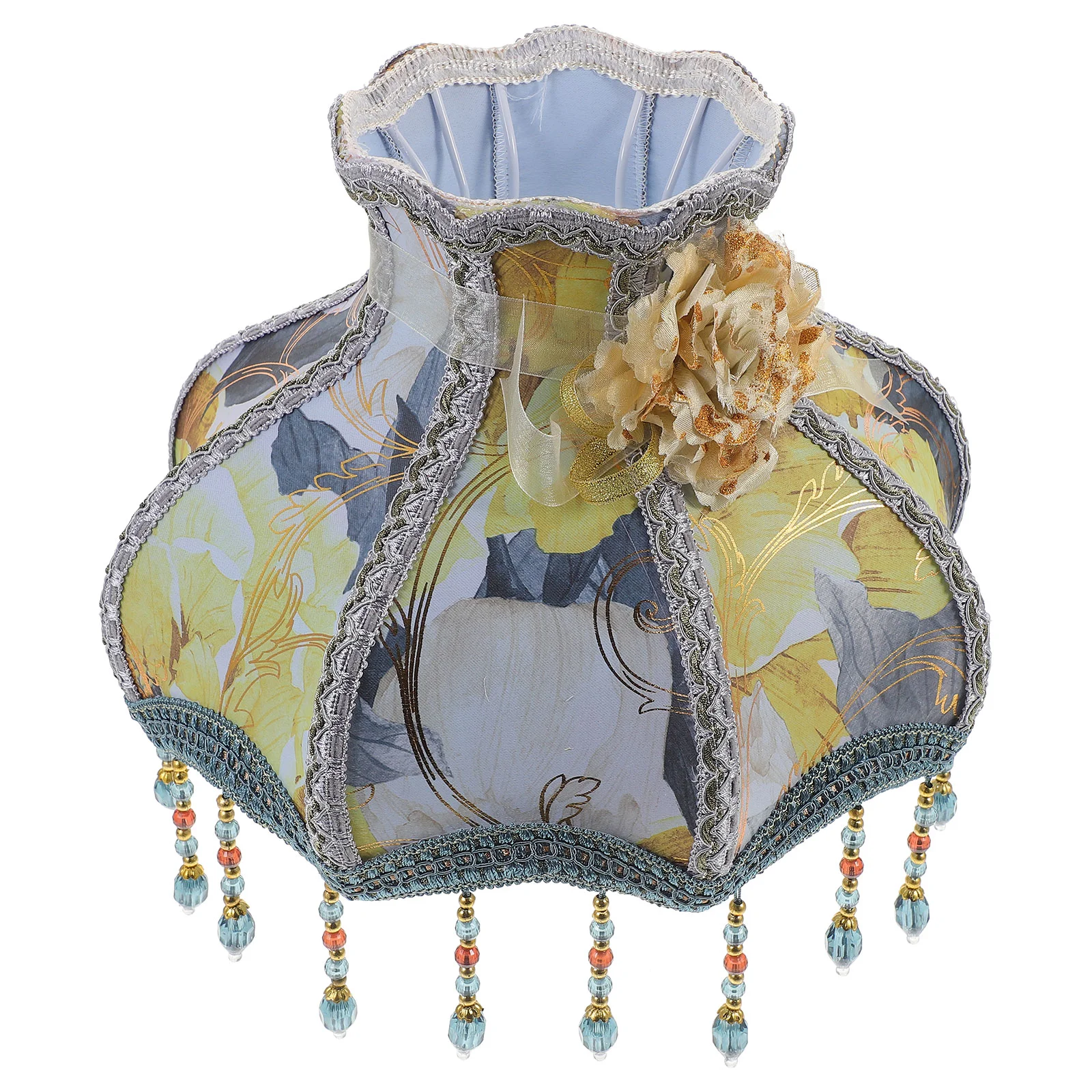 

European Style Lampshade Vintage Cloth Art Fringe Bead Lamp Shade Beads Tassel Fabric Flower Scallop Dome Light Cover Living