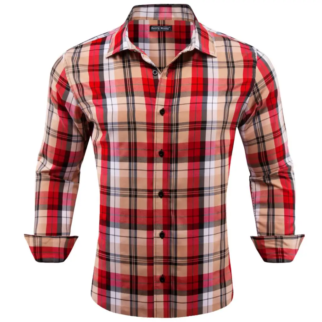 

Luxury Silk Shirts for Men Red Black White Khaki Plaid Stripes Long Sleeve Slim Fit Male Blouse Casual Formal Tops Barry Wang