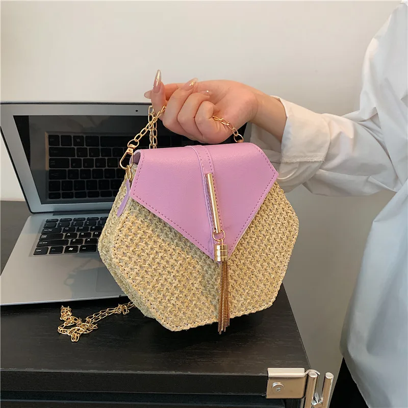 Hexagon Straw & Leather Handbag - Bohemian Woven Beach Shoulder Bag 7 Sf867e17fd6be4d09a121170f2b5be226J
