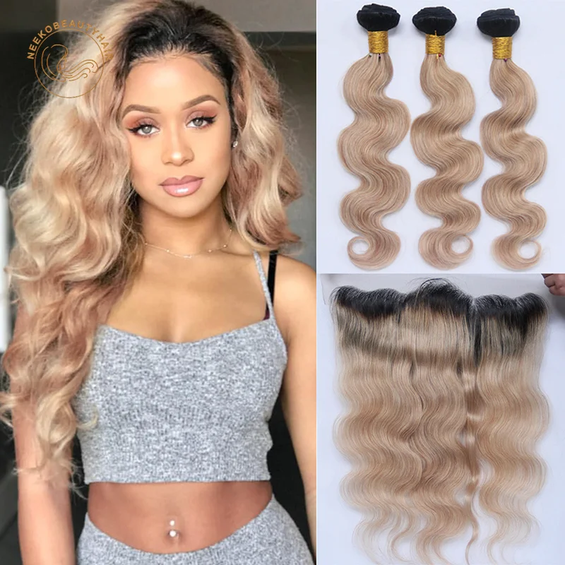 

1B 27 Ombre Honey Blonde Human Hair Bundle with Lace Frontal Remy Ash Blonde Highlight 3 Bundles with Closure