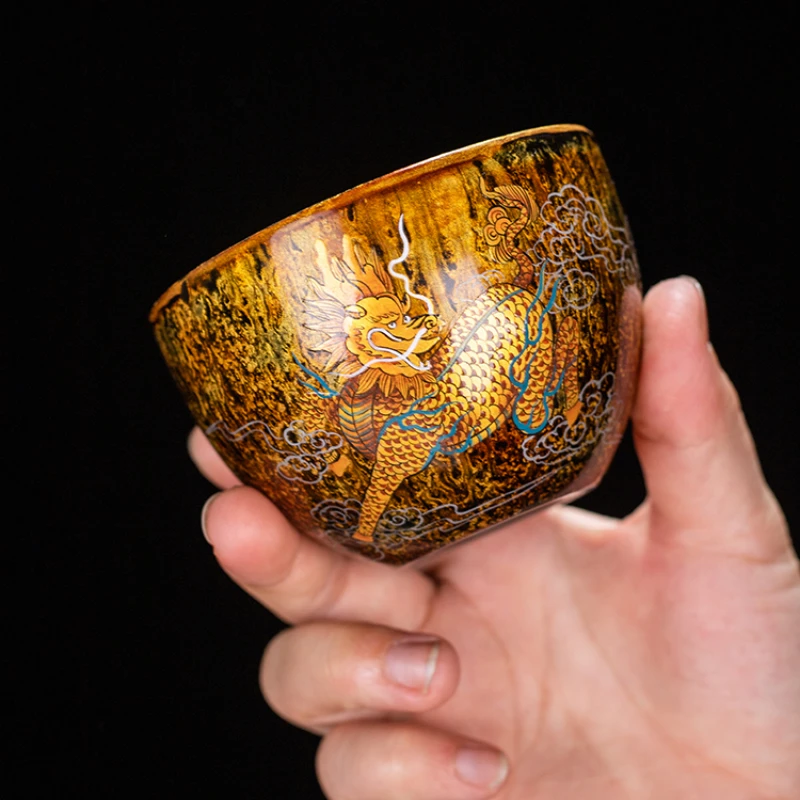 

Large lacquer hand-painted Kirin handmade master's cup with inner wall gilded 24K gold gift box