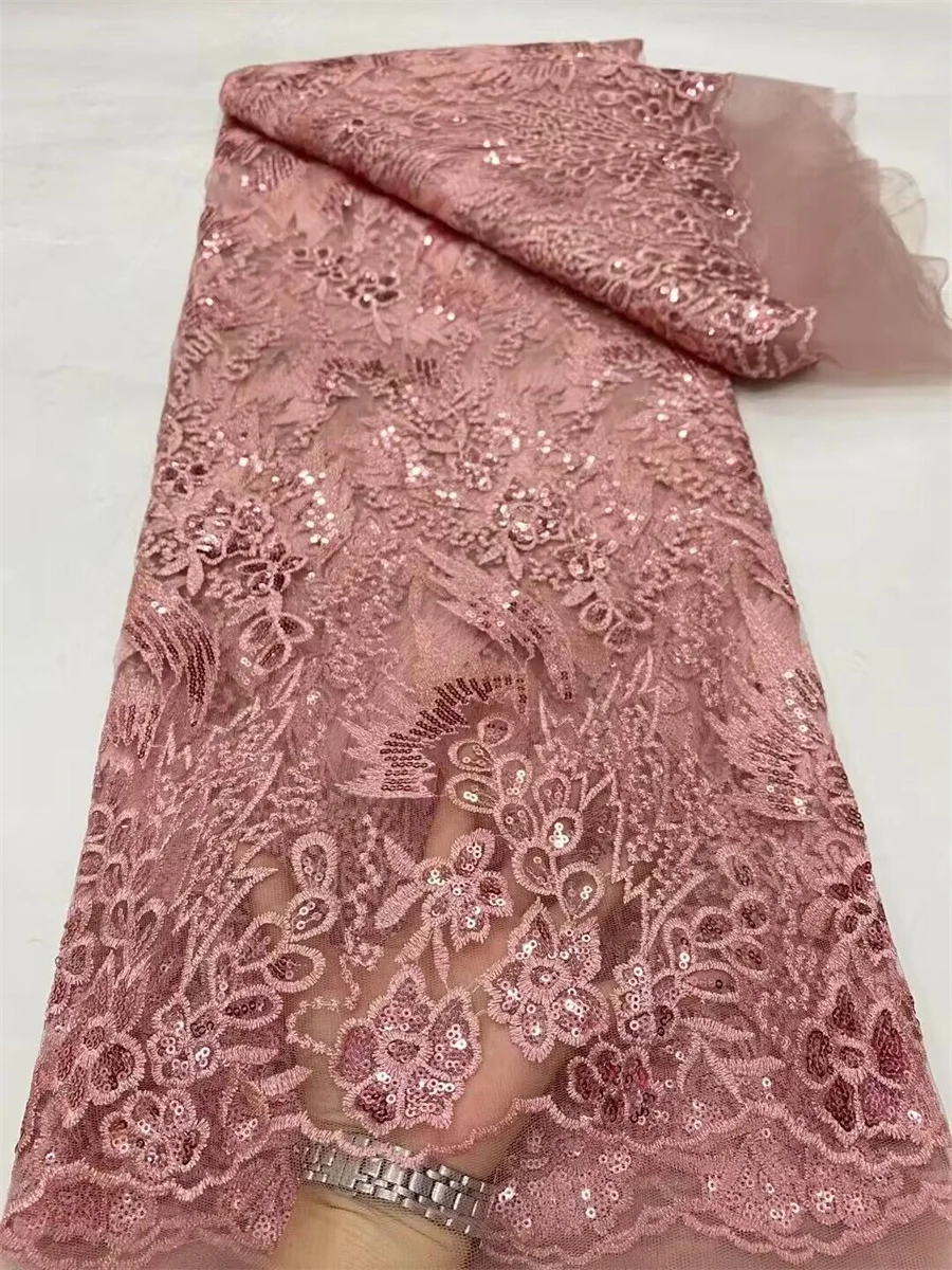 

5 Yards Peach French Net Lace Fabric With Sequins African Nigerian Embroidery Tulle Mesh Dress Material Tissus Dentelle PN14