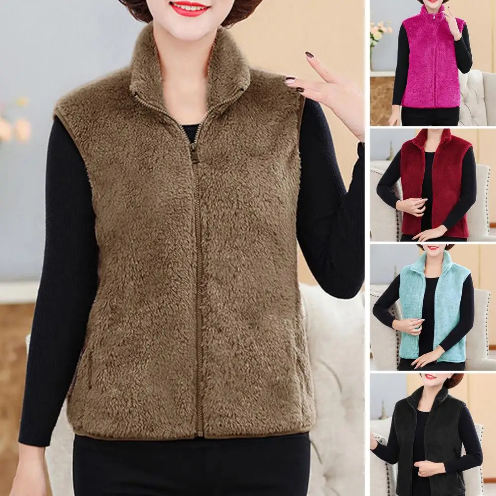 

Women Insulated Zippered Waistcoat Mid-aged Women's Plush Sleeveless Vest Coat with Stand Collar Zipper for Fall for Women