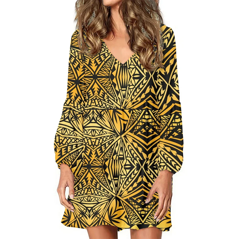 

Spring Autumn Ladies Polynesian Tribal Clothing Samoan Tapa Yellow Golden Print Casual Dresses Long Lantern Sleeve Mini Dress